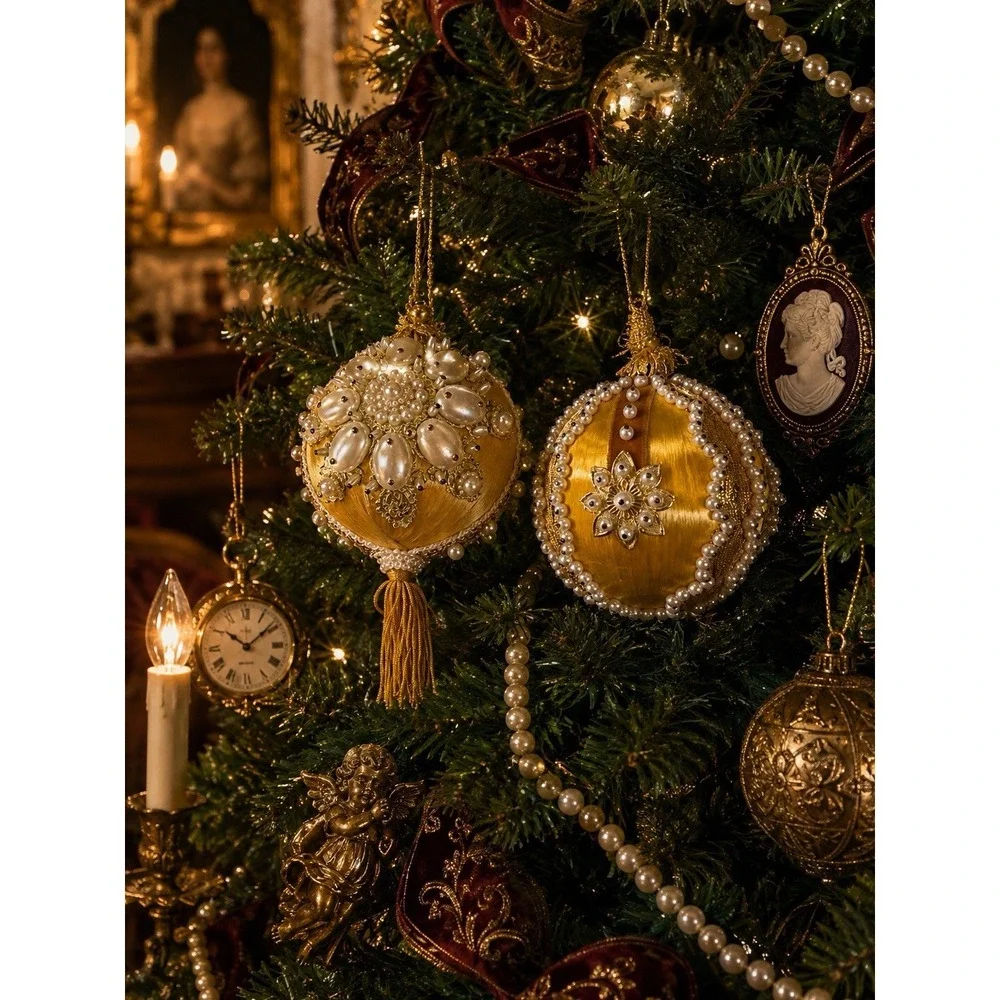 Set 2 Vintage Gold Satin Christmas Ornaments Faux Pearl Beaded Tassel Victorian